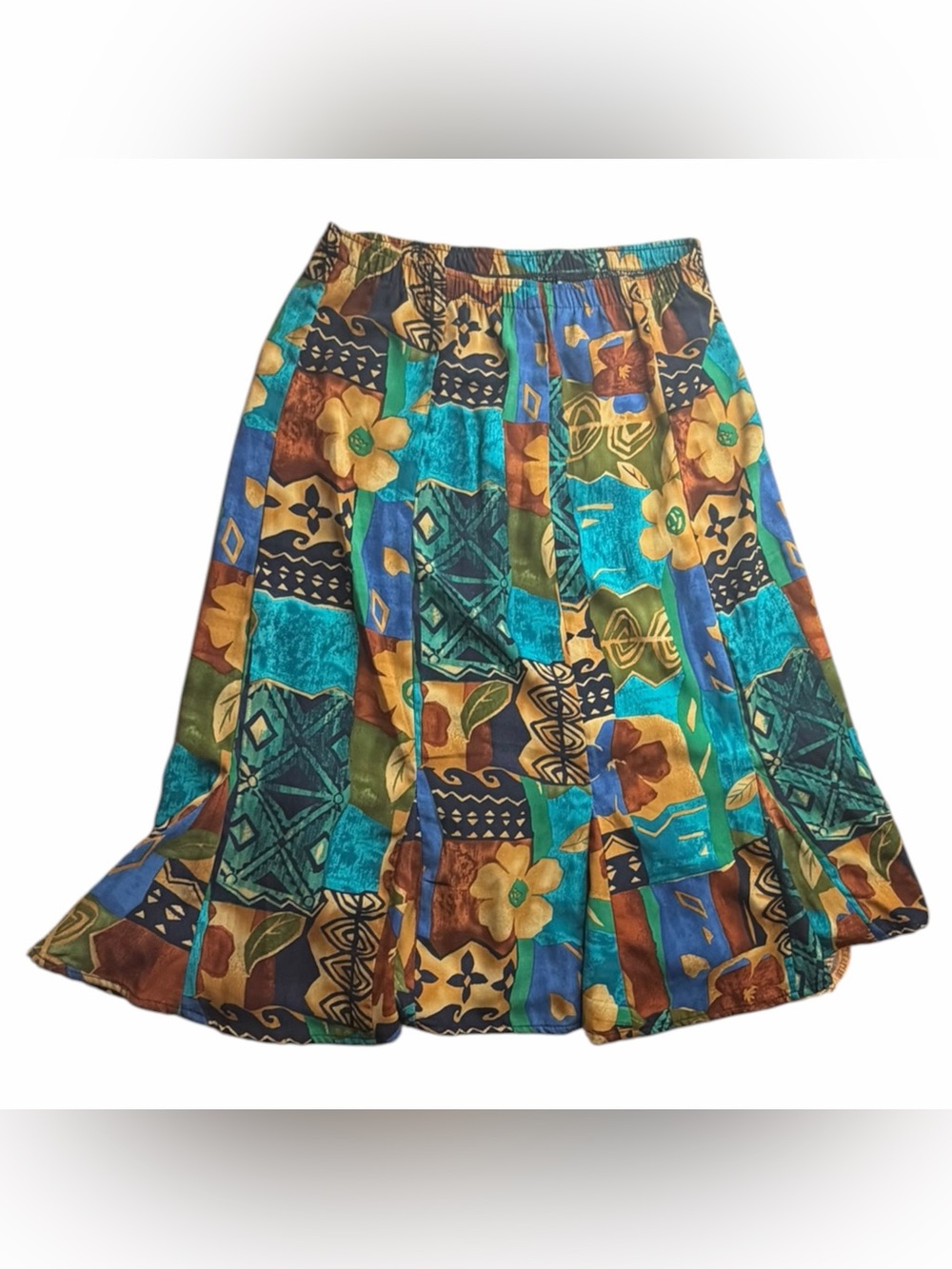 Southern Lady 90s Y2K Vintage Boho Hippie Floral Abstract Yellow Blue Skirt Sz M